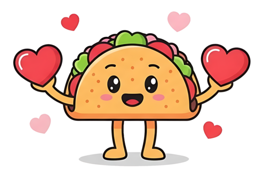 Cute taco character holding hearts with a cheerful expression on a black background - Powered by Adobe