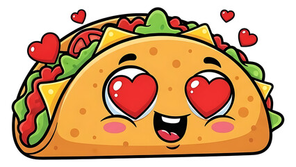 Cartoon taco with heart eyes and hearts floating around with a cute expression on a black background