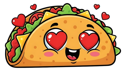 Cartoon taco with heart eyes and hearts floating around with a cute expression on a black background