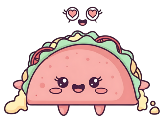 Cute cartoon taco character with heart eyes on black background