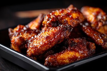High-contrast, close-up shot of glossy BBQ or sticky glazed chicken wings served on a dark plate. Appetizing, caramelized, deep-fried fast food snack for a party or game night.