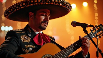Obraz premium Man wearing traditional mariachi outfit plays guitar near microphone on stage. He has a wide brim hat and a red bow tie. The background glows with warm lights, creating an festive atmosphere.