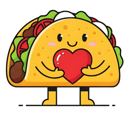 Cute taco character holding a heart with love and affection in a playful food illustration
