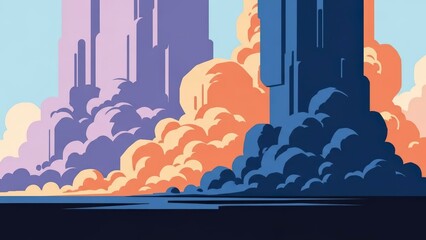 Rocket Launch with Vibrant Smoke and Futuristic Cityscape.