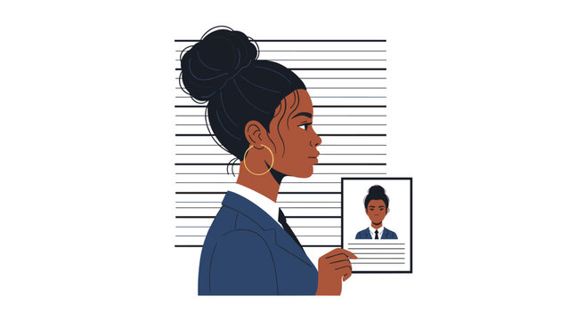 A side profile mugshot of a black woman in a business suit, standing against a height chart for police identification.
