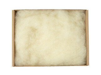 Sustainable packaging material natural waste leftover sheep wool. Soft wool inside brown cardboard box. Using natural sustainable material for wrapping or packaging, products background. 