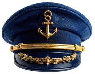 A detailed studio shot of a formal, navy blue cap with gold nautical insignia