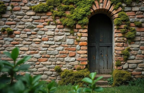 Ancient stone wall with arched wooden door entry. Green moss grows on weathered brickwork. Overgrown ivy covers old facade. Nature reclaims historic building structure. - Powered by Adobe