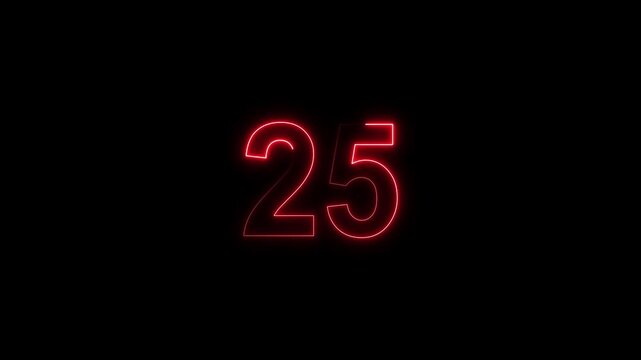 Red neon number 25 glowing on a black background, digital countdown timer element, vibrant futuristic typography