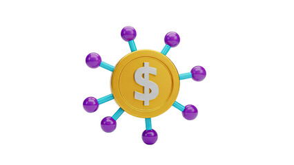 3D Gold coin with dollar sign and network nodes on transparent background