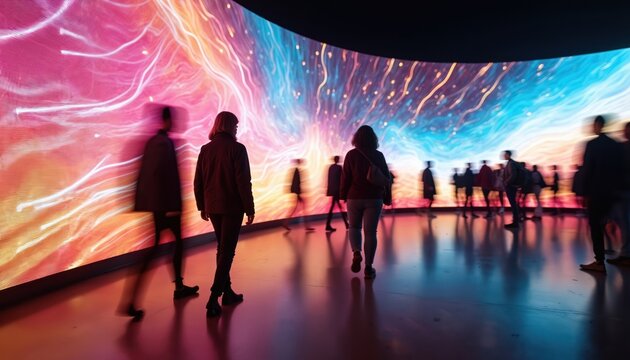 People walk through immersive art installation. Large curved screen shows vibrant abstract motion graphics. Visitors observe colorful digital display in modern gallery space.