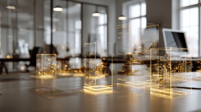 Digital data visualization and futuristic abstract graphs glowing on a desk in a modern office environment - Powered by Adobe