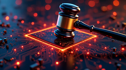 Judge gavel on glowing circuit board symbolizes technology law and digital justice, dramatic lighting evokes urgency and authority
