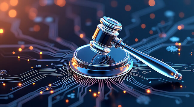 Digital law gavel technology circuit board cyber justice concept regulatory compliance futuristic gavel judge gavel law justice technology circuit