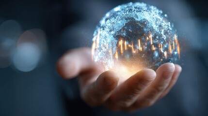 Human hand holding a glowing abstract digital globe with financial data visualization and connectivity