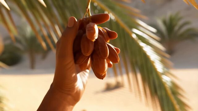 Harvesting fresh ripe dates on date palm branch in sunny desert oasis
