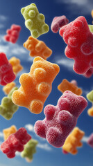 Gummy Bear Delight: A vibrant collection of gummy bears in assorted colors dancing against a bright, airy backdrop. 