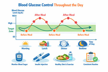 Plakat Daily blood glucose control chart and management tips illustrated