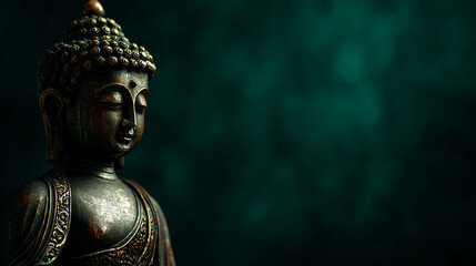 Serene Buddha Statue: A tranquil bronze Buddha statue stands against a soft, teal-colored background, inviting meditation and peace.
