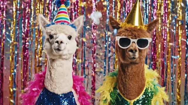 P95-Two alpacas in crazy party outfits with party hats on colorful background advertising creative par 4K 10s