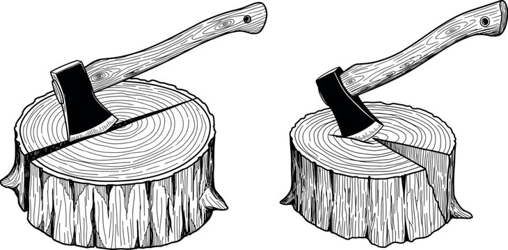Vintage hand-drawn illustration of an ax stuck in a rustic tree stump