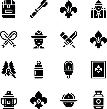 Set of black scouting and camping icons featuring fleur-de-lis and lanterns