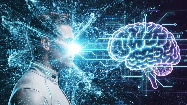 P95-Ai iq brain technology particles background. Futuristic artificial intelligence idea mind design. Co 4K 10s