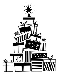 Obraz premium Christmas Tree Made of Gift Boxes, Fir Tree Stacked from Presents and Packages