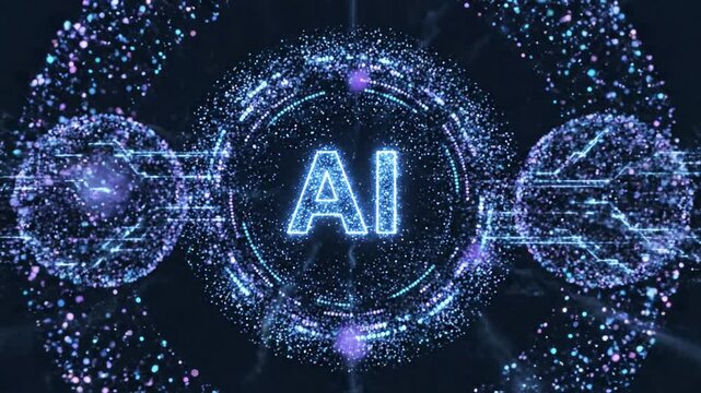 P93-Ai round particles dots technology banner. Big data neon network circle background. Artificial Intel 4K 10s