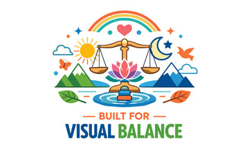 Colorful symbolic balance with nature elements and scales