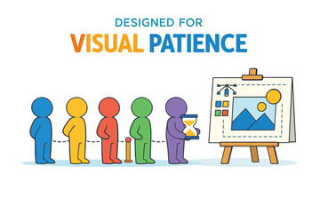 Fototapeta premium Colorful characters queue for gallery display with visual patience theme