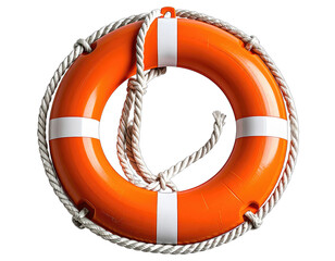 Overhead shot of a bright orange life preserver with rope detail and white stripes