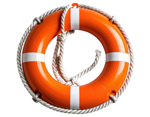 Overhead shot of a bright orange life preserver with rope detail and white stripes