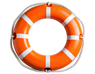 Overhead shot of a bright orange life preserver, with white stripes and a rope around it