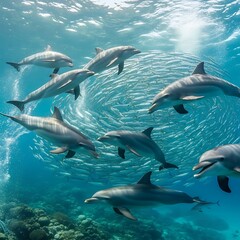 Fototapeta premium Dolphins hunting a school of fish underwater in a clear blue ocean.