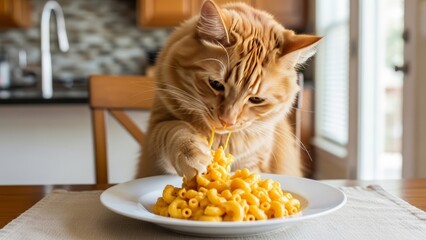 cat eating mac and cheese