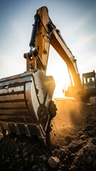 Large Yellow Excavator Digging Soil on a Busy Construction Site Under Bright Sun, Symbolizing Industrial Efficiency and Teamwork