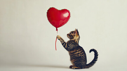 A charming tabby cat playfully holding a red heart-shaped balloon, a symbol of affection and love AI Generative