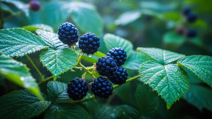 Morning Dew on Glossy Blackberries and Vibrant Green Leaves - Close-up Lush Forest Glow with Soft Sunlight Filtering Through Mist