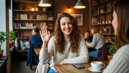 Cheerful Woman in White Sweater Waves Hello at Cozy Cafe Table, Friendly Greeting and Connection