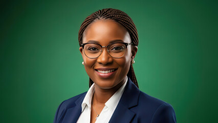 Confident Black professional woman with braided cornrows and glasses smiling against solid green background, wearing white shirt, navy blazer, pearl earrings