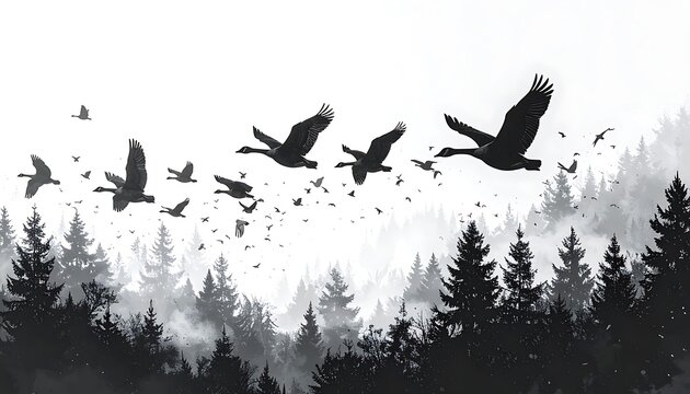 Silhouette birds fly over misty forest. Monochrome scene of geese against a dark treeline and foggy sky