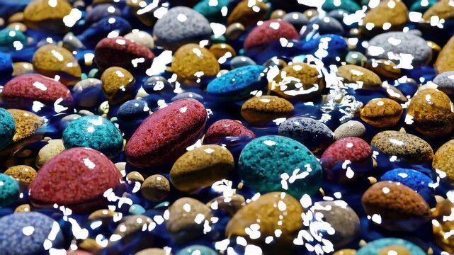 Close-up of colorful smooth pebbles under crystal clear water, sunlight reflections, sparkling bokeh, natural textures, serene atmosphere