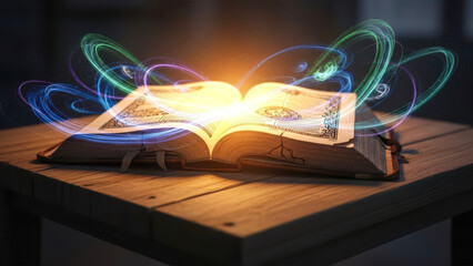 Ancient Glowing Bible Tome on Light-Colored Wooden Table Radiating Golden Light and Swirling Mystic Energies of Blue, Green, and Purple