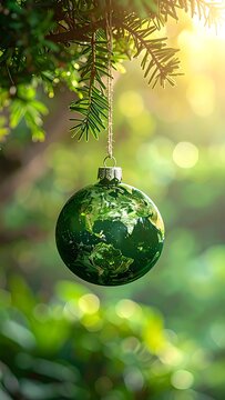 Shiny green ornament with world map hangs on evergreen branch in sunlight. Bokeh background, soft focus, warm light