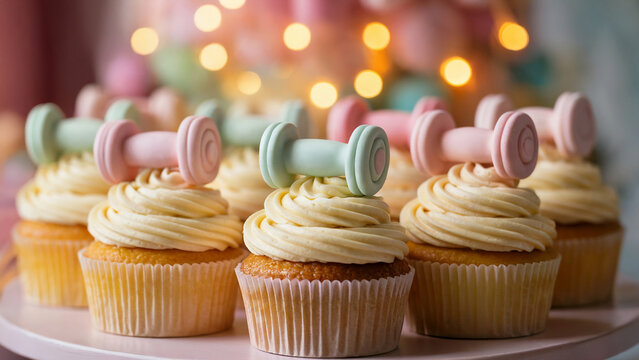 Cupcakes with buttercream and marzipan dumbbells. Unhealthy choice for weight loss. Pastel colors. Obesity, contradiction, wrong choices, nutrition, carbohydrates, sugar concept. 