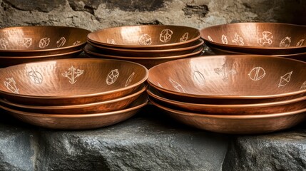 Antique copper bowls with intricate etched symbols stacked on a stone surface