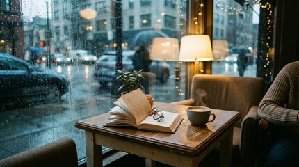 Savoring serenity cozy coffee retreat in an urban  rainy day intimacy inviting atmosphere book and city views