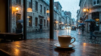 Savoring a cozy coffee moment urban  tranquil interior rainy evening window view embracing the serenity of rainy streets