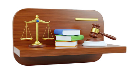 3D Law and Justice Symbols on a Wooden Shelf on transparent background